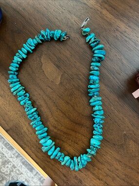 Turquoise Chip Necklace - Blue Stone Beaded Necklace Sterling clasp